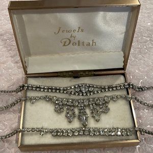 LOT OF 3 VINTAGE RHINESTONE SILVER CHOCKER NECKLACES WITH JEWELS BY DELTAH BOX